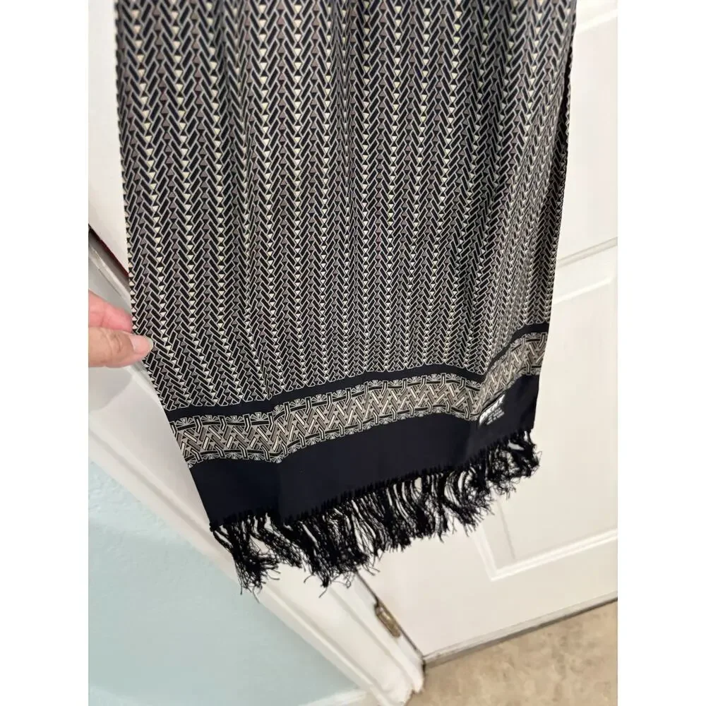 Vintage DKNY Donna Karan New York 100% Silk Scarf Black Geometric Fringe Korea